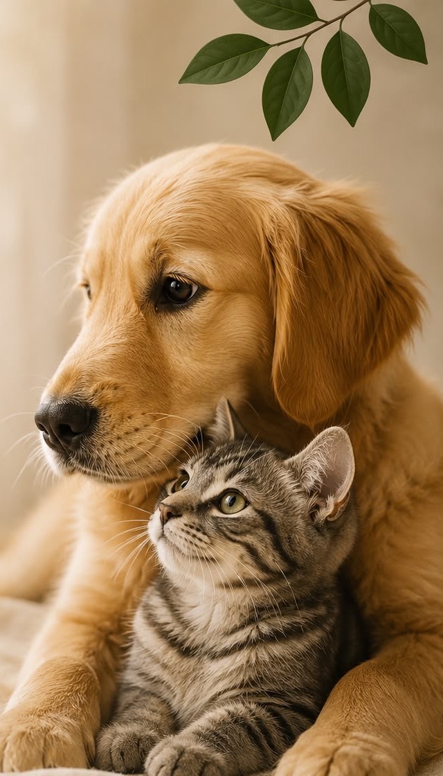 Golden retriever puppy cuddling a grey kitten